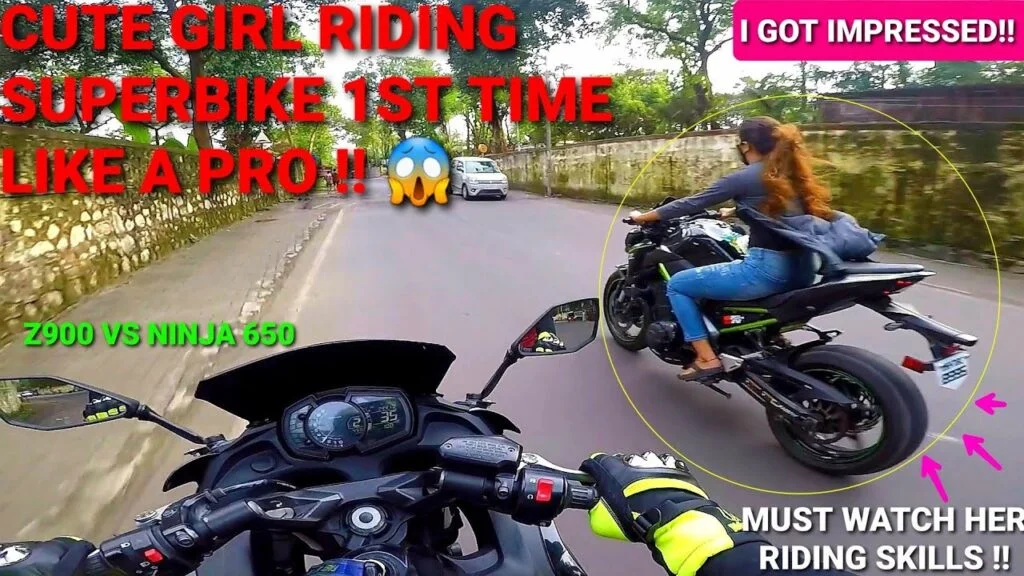 Hermosa chica montando una superbike por primera vez | Quedé impresionado con tus habilidades | Piloto Z900